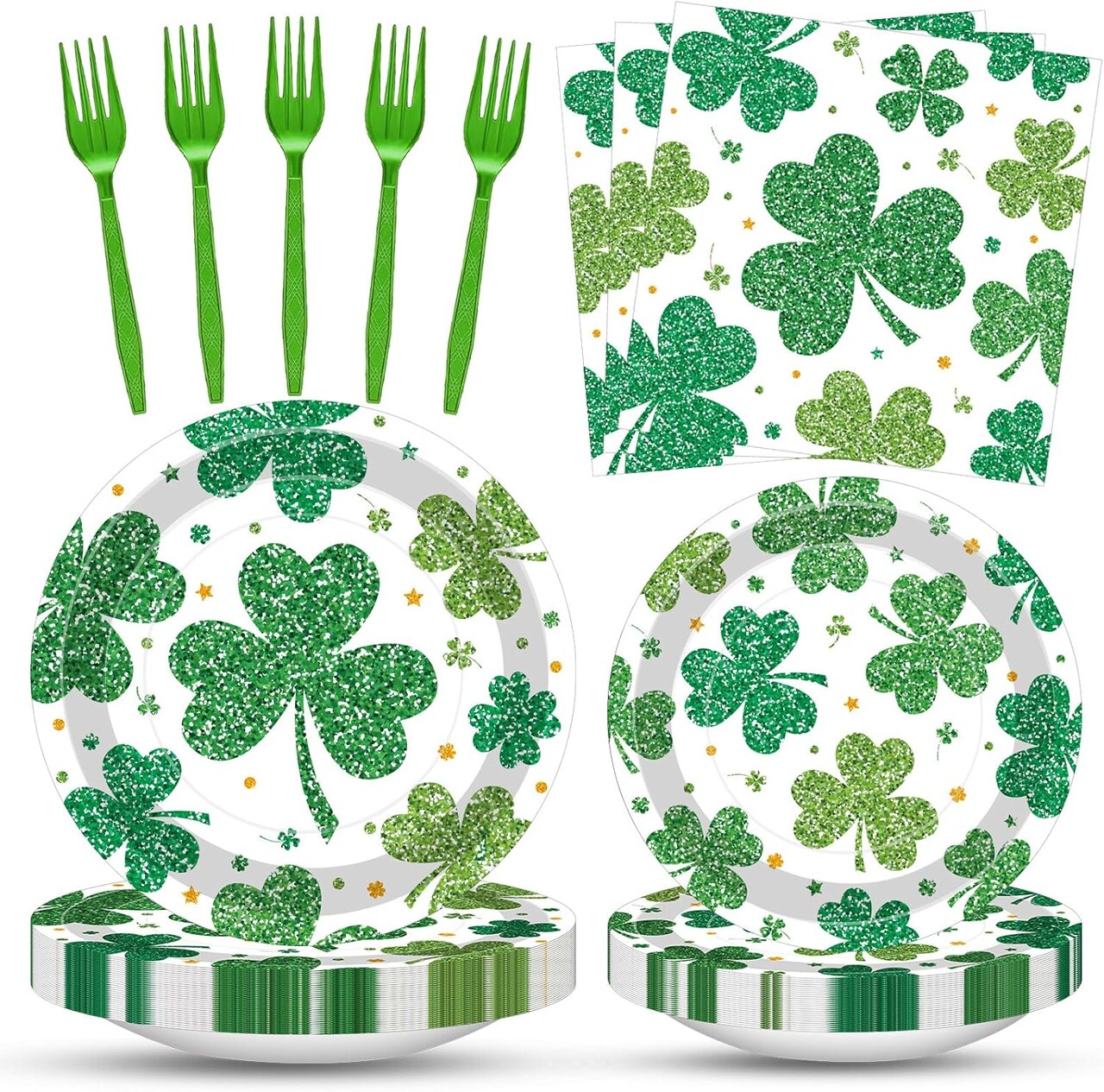 St. Patrick’s Party Supplies: 100-Piece Shamrock Tableware Set – Disposable Plates, Napkins & Forks for 25 Guests, Lucky Green Party Decor